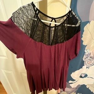 Torrid Burgundy Blouse with Black Lace Neckline Accent